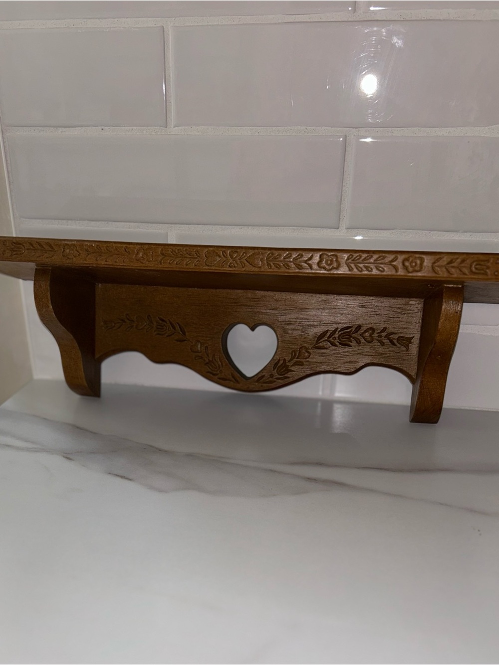 Vintage Faux Wood Heart Wall Accent with Carved Floral Vine Details